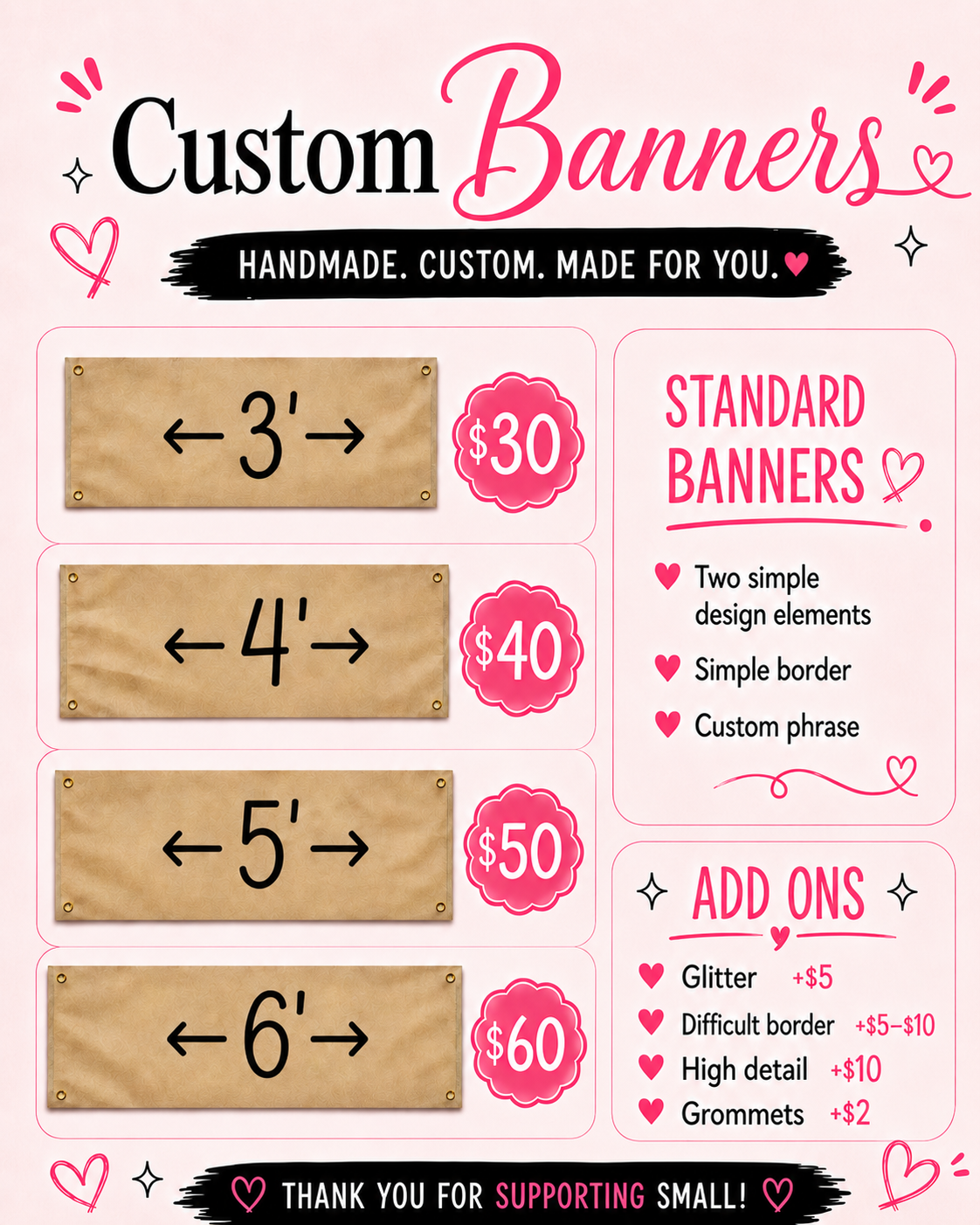 Banner pricing guide — 3ft $30 through 6ft $60