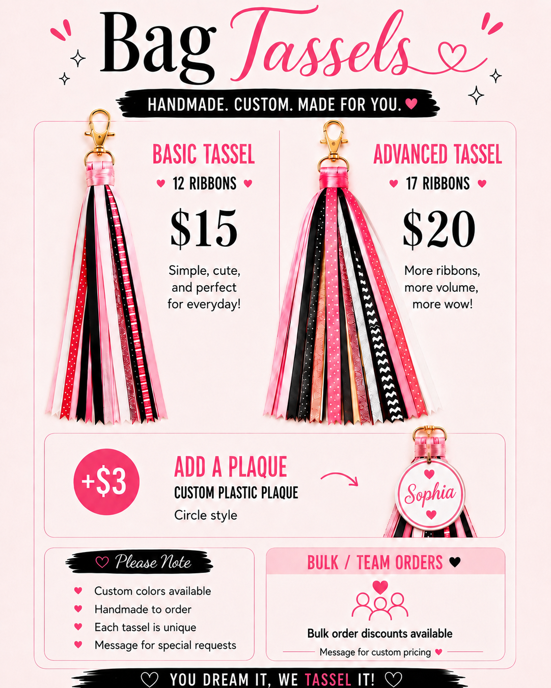 Tassel pricing guide — basic $15, advanced $20, add-ons from $3